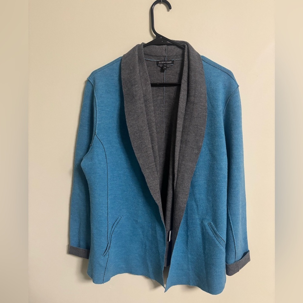 Eileen Fisher Teal Gray Felted Merino Wool Open Wrap Shawl Collar Jacket XL